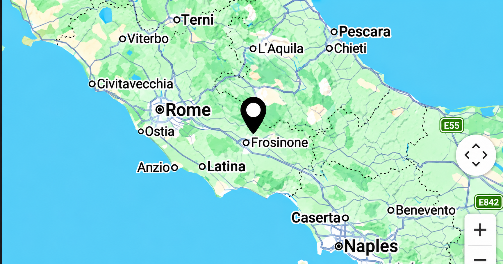 Mappa d'Italia con pin su Frosinone e Veroli